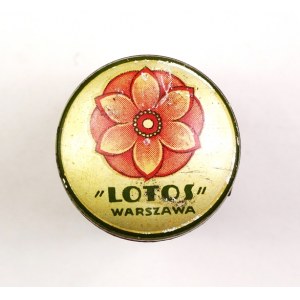 LOTOS, Warszawa. [metalowe opakowanie mydła do golenia z zawartością]. Mydło do golenia Lotsavon.