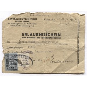 [PRZEPUSTKA do krakowskiego getta z 1942]. Erlaubnisschein zum Betreten des Judenwohnbezirks...