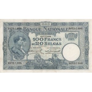 Belgium 100 Francs = 20 Belgas 1931