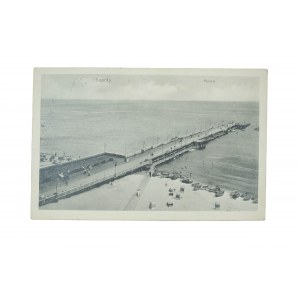 SOPOTY - Sopot , Pomost, łódki, kosze na plaży, obieg, 1916r., nakład Aquila Poznań