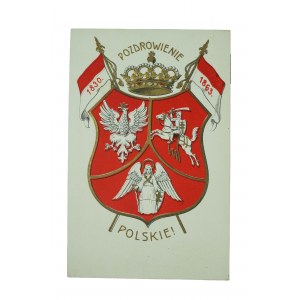 PATRIOTYCZNA - Pozdrowienie polskie! herb Polski, Litwy i Rusi na tarczy z koroną i dwiema flagami z datami powstań narodowych: 1830 i 1863, Wydawnictwo Salonu Malarzy Polskich w Krakowie, obieg, 1916r.