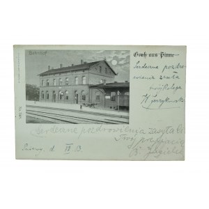 PNIEWY - Gruss aus Pinne , Dworzec , obieg, długi adres, 1903r., wyd. V.S. & Saulsohn
