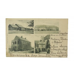 ŚMIGIEL - Gruss aus Schmiegel, cztery widoki: szpital, dworzec, pomnik, rynek, obieg, długi adres, 1903r., wyd. N. Licht