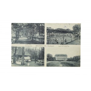 BYTOM - Beuthen O.S. Stadtpark / Park miejski, cztery widoki: Sąd Rejonowy, Mleczna chata, Basen, Aleja, obieg, 1927r., wyd. E. Burgfels