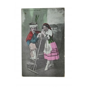 Typy polskie - Volkstypen aus Polen, para zalotników w strojach ludowych, obieg, 1916r.,