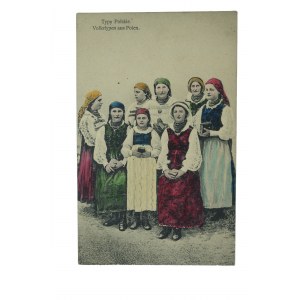 Typy polskie - Volkstypen aus Polen, grupa kobiet i dziewcząt w strojach ludowych, obieg, 1916r.