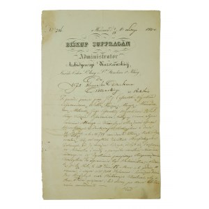 [Narodziny Aleksego Aleksandrowicza Romanowa] Biskup Sufragan A.M. Fijałkowski Administrator Archidiecezyi Warszawskiej do Kanonika Dziekana Błońskiego w Rokitnie, 13 lutego 1850r. [BS]