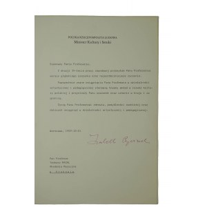 Autogramm von Izabella Cywińska [als Ministerin für Kultur und Künste] auf den Glückwünschen für Prof. Tadeusz MACHL [1922-2003] polnischer Komponist und Pädagoge anlässlich seines 35-jährigen Berufsjubiläums. [BS]