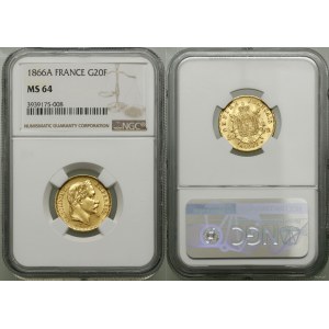 Francja, 20 franków, 1866 A, Paryż