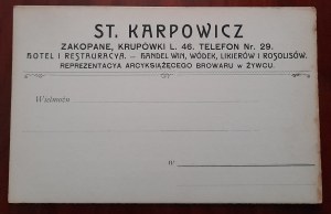 Zakopane.Advertising postcard of St.Karpowicz's hotel and restaurant
