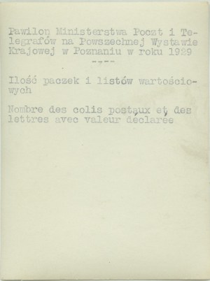 Poznan - Der Pavillon des Post- und Telegrafenministeriums auf der Allgemeinen Landesausstellung in Poznan 1929. Anzahl der Pakete und Briefe von Wert, Foto, gefaltet, 12 x 9 cm