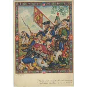 Artur Szyk. Pułaski śmiertelnie ranny w bitwie pod Savannah. A. Szyk pinx. Seria: Obrazy z chlubnych dni braterstwa polsko-amerykańskiego. Kraków: Drukarnia Narodowa, 1939, druk kol, format: 10,5 x 15 cm.