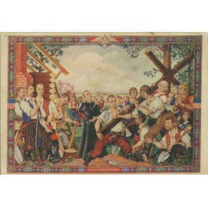 Artur Szyk. Panna Maria osada pionierska założona w Texasie przez chłopów śląskich w 1954. A. Szyk pinx. Seria: Obrazy z chlubnych dni braterstwa polsko-amerykańskiego. Kraków: Drukarnia Narodowa, 1939, druk kol, format: 10,5 x 15 cm.
