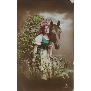 Pocztówka vintage, Dziewczyna z koniem, 1926