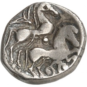 Bituriges / Incertaines du Centre-Ouest. Drachme aux chevaux superposés, Classe I aux fleurons ND (milieu du IIe siècle avant J.-C.).