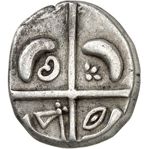 Longostalètes. Drachme de style languedocien Romanisé, série VI aux quatre symboles ND (milieu du IIIe - première moitié du IIe siècle avant J.-C.).