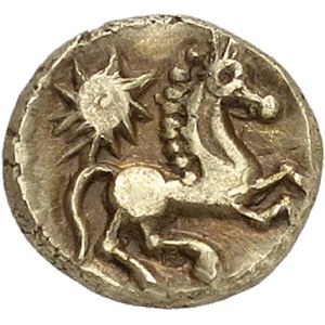 Bellovaques. Quart de statère d’électrum à un seul astre et au cheval à droite ND (50-30 av. J.-C.).