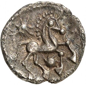 Bellovaques. Quart de statère d’argent à l’astre et au cheval à droite ND (50-30 av. J.-C.).