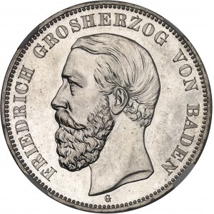 Bade, Frédéric I (1856-1907). 5 (fünf) mark, 1er type, Flan bruni (PROOF) 1902, G, Karlsruhe.