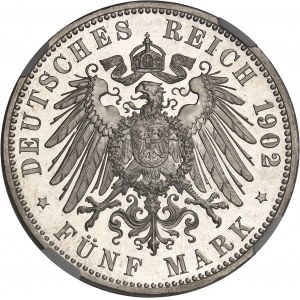 Bade, Frédéric I (1856-1907). 5 (fünf) mark, 1er type, Flan bruni (PROOF) 1902, G, Karlsruhe.
