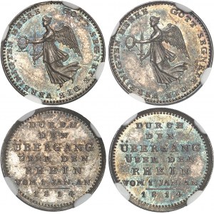 Prusse, Frédéric-Guillaume III (1797-1840). Coffret de 4 médaillettes, défaite napoléonienne de Leipzig et traversée du Rhin par les Alliés, par Loos 1813 et 1814, Berlin.
