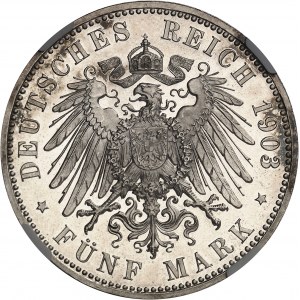 Saxe-Weimar-Eisenach, Guillaume-Ernest (1901-1918). 5 (fünf) mark pour le mariage du Grand-duc avec Caroline de Reuss-Greiz, Flan bruni (PROOF) 1903, A, Berlin.