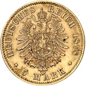 Wurtemberg, Charles (1864-1891). 5 mark 1878, F, Stuttgart.