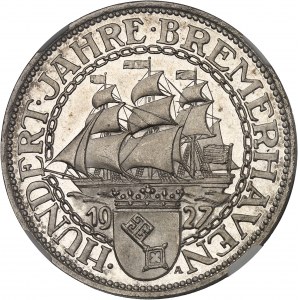 République de Weimar (Empire allemand) (1918-1933). 5 (fünf) mark pour les cent ans du Port de Bremerhaven, Flan bruni (PROOF) 1927, A, Berlin.