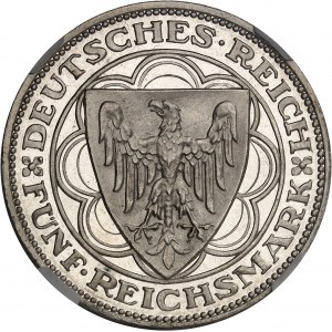 République de Weimar (Empire allemand) (1918-1933). 5 (fünf) mark pour les cent ans du Port de Bremerhaven, Flan bruni (PROOF) 1927, A, Berlin.