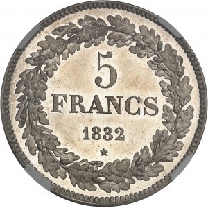 Léopold Ier (1831-1865). Essai de 5 francs, tranche lisse, Flan bruni (PROOF) 1832, Bruxelles.