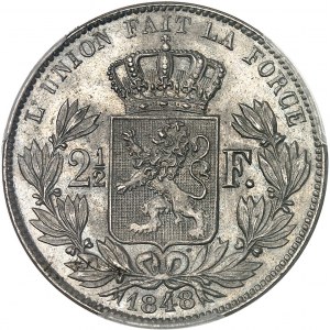 Léopold Ier (1831-1865). Essai de 2 1/2 francs, grosse tête, par L. Wiener, #34 1848, Bruxelles.