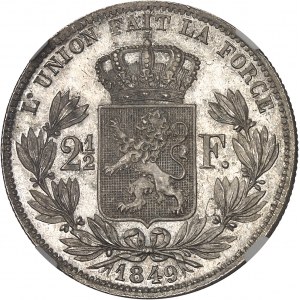 Léopold Ier (1831-1865). Épreuve de 2 1/2 francs, grande tête nue, sur Flan bruni (PROOF) 1849, Bruxelles.