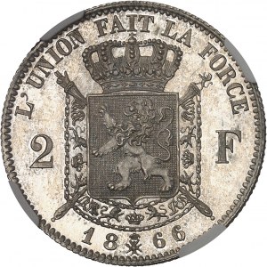Léopold II (1865-1909). Essai de 2 francs, type adopté, Flan bruni (PROOF) 1866, Bruxelles.