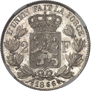 Léopold II (1865-1909). Essai de 2 francs aux branches de laurier, Flan bruni (PROOF) 1866, Bruxelles.