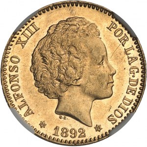 Alphonse XIII (1886-1931). 20 pesetas, buste adolescent 1892 (18-92) PG, M, Madrid.