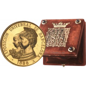 Alphonse XIII (1886-1931). Médaille d’Or, inauguration de l’Exposition Universelle de Barcelone, le 20 mai 1888, par E. Arnau et R. Gelabert, d’aspect Flan bruni (PROOFLIKE) 1888, Madrid.
