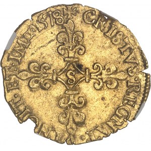 Henri III (1574-1589). Écu d’or au soleil, 1er type, écu de face 1578, S, Troyes.