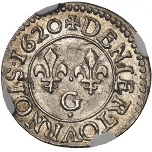 Louis XIII (1610-1643). Essai en argent de denier tournois, ou treizain de mariage 1620, G, Poitiers.