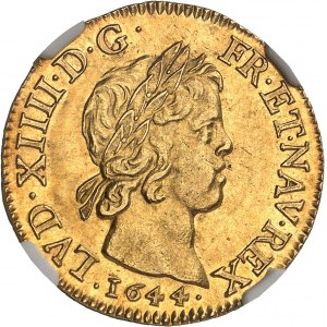 Louis XIV (1643-1715). Louis d’or à la mèche courte 1644, D, Lyon.