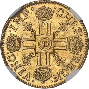 Louis XIV (1643-1715). Louis d’or à la mèche courte 1644, D, Lyon.