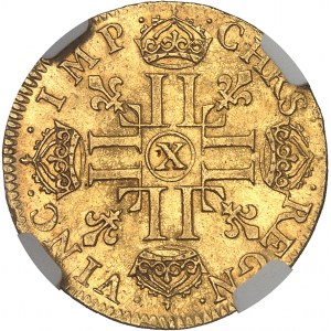 Louis XIV (1643-1715). Louis d’or à la mèche longue 1653, X, Amiens.