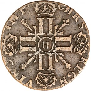 Louis XIV (1643-1715). Demi-louis aux huit L et aux insignes, frappe en cuivre 1702, H, La Rochelle.