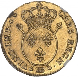 Louis XV (1715-1774). Double louis d’or aux insignes, 2e type, flan neuf 1716, BB, Strasbourg.