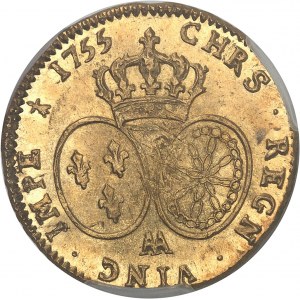 Louis XV (1715-1774). Double louis d’or au bandeau 1755, AA, Metz.