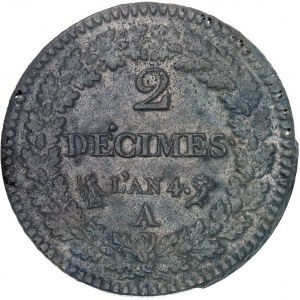 Directoire (1795-1799). 2 décimes Dupré An 4 (1795), A, Paris.