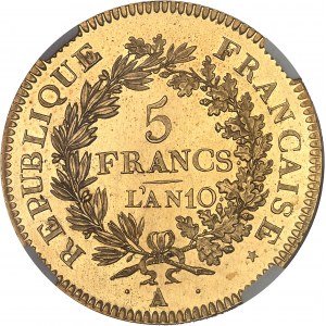 Consulat (1799-1804). Épreuve de 5 francs Union et Force en Or, tranche lisse, Flan bruni (PROOF) An 10 (1801-1802), A, Paris.