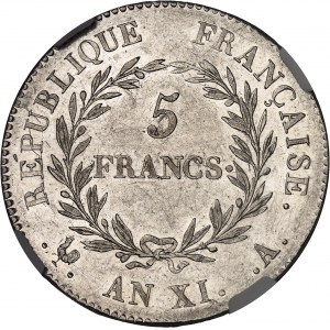 Consulat (1799-1804). 5 francs Bonaparte An XI (1803), A, Paris.
