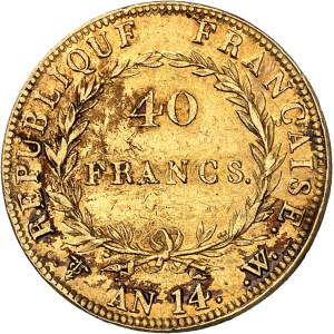 Premier Empire / Napoléon Ier (1804-1814). 40 francs tête nue, calendrier révolutionnaire An 14 (1806), W, Lille.