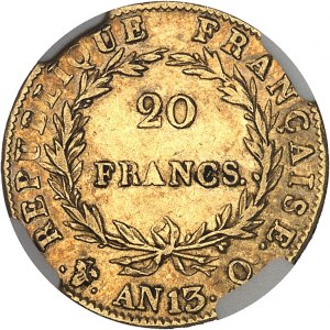 Premier Empire / Napoléon Ier (1804-1814). 20 francs tête nue, calendrier révolutionnaire An 13 (1805), Q, Perpignan.