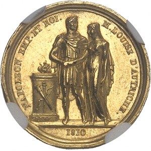 Premier Empire / Napoléon Ier (1804-1814). Médaillette d’Or, mariage avec Marie-Louise d’Autriche, par Andrieu et Galle 1810, Paris.
